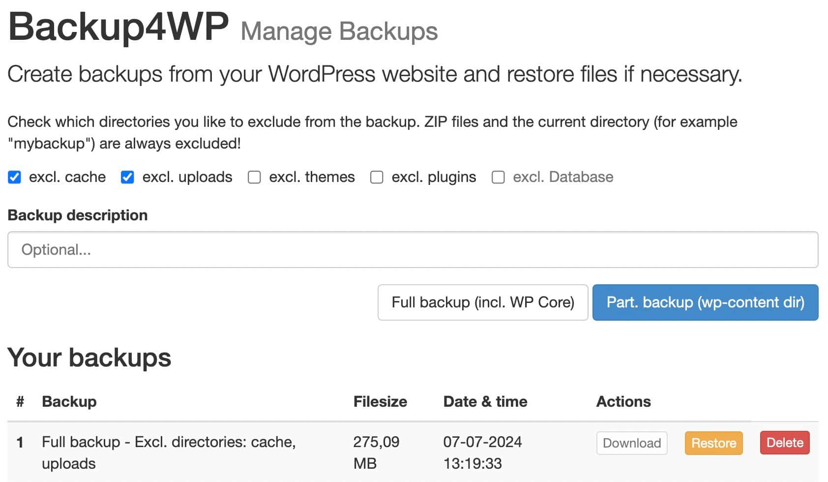 Backup4WP - Manage backups