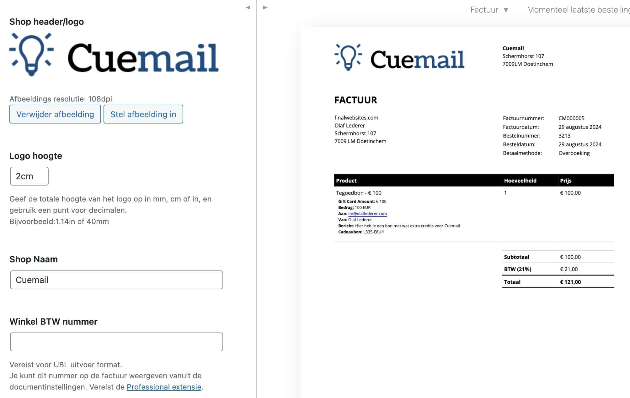 Screenshot WooCommerce PDF factuur