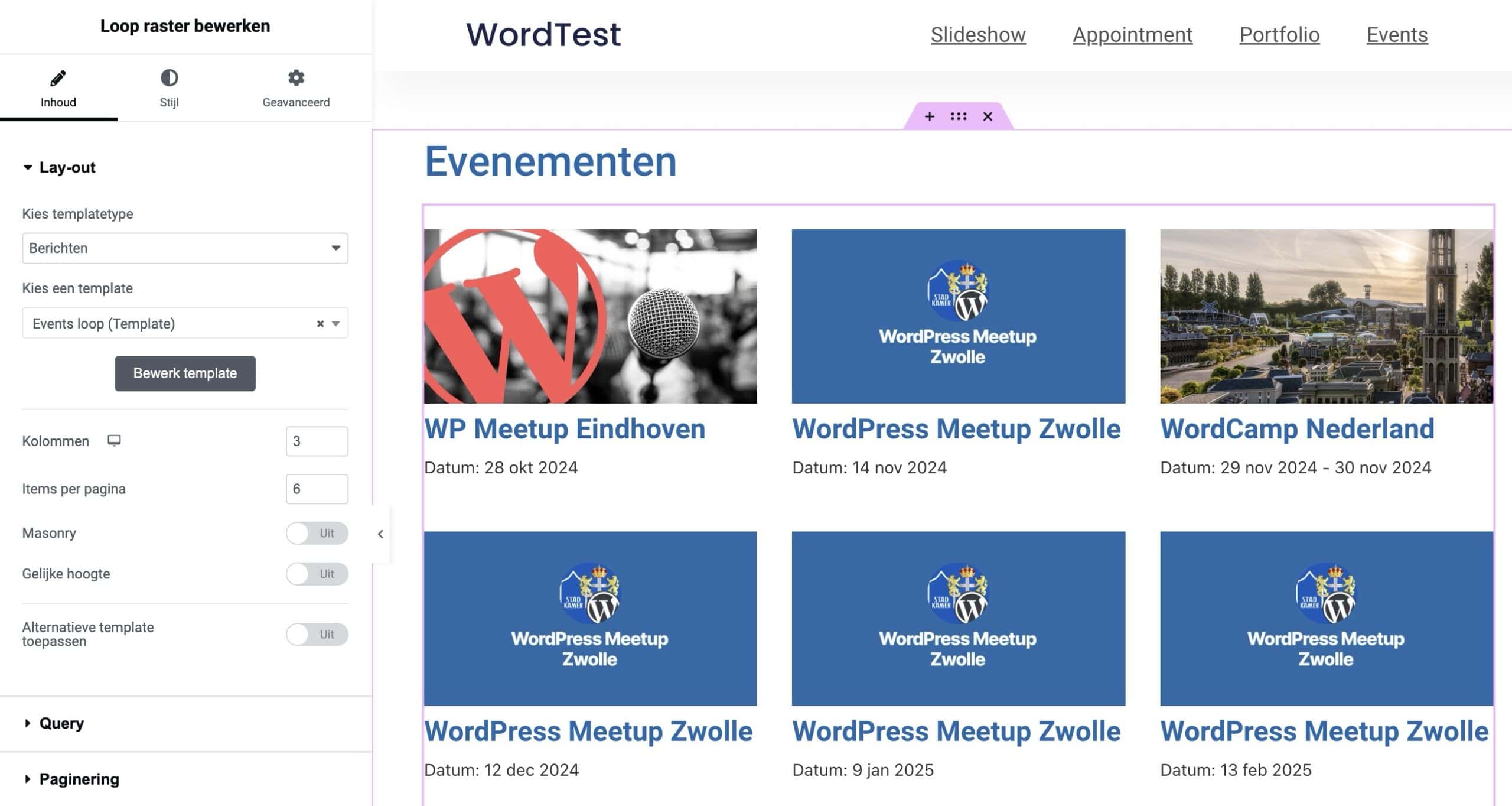 Evenementen overzicht template